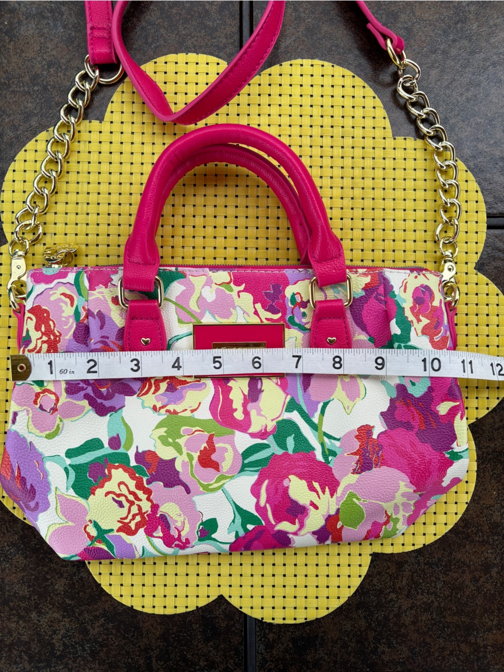 Betsey Johnson Hot Pink Floral Satchel with Gold Chain - Picture 8 of 12